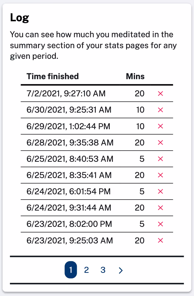 Screenshot of the meditation log