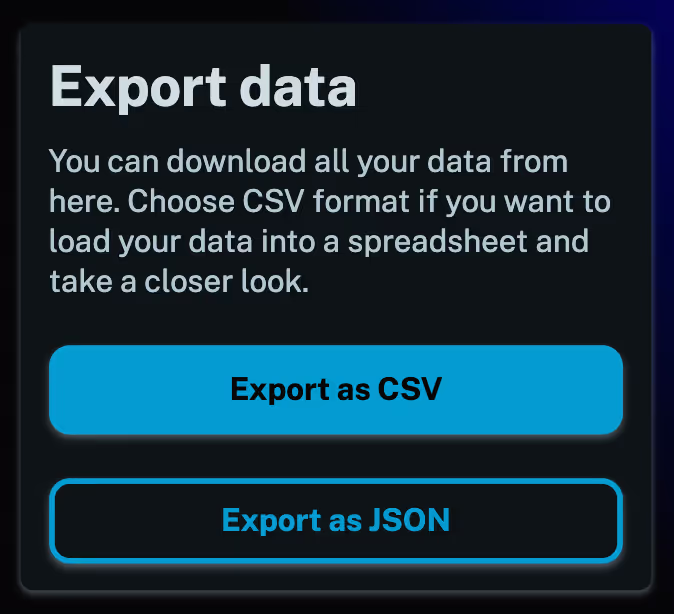 Screenshot showing the data export page